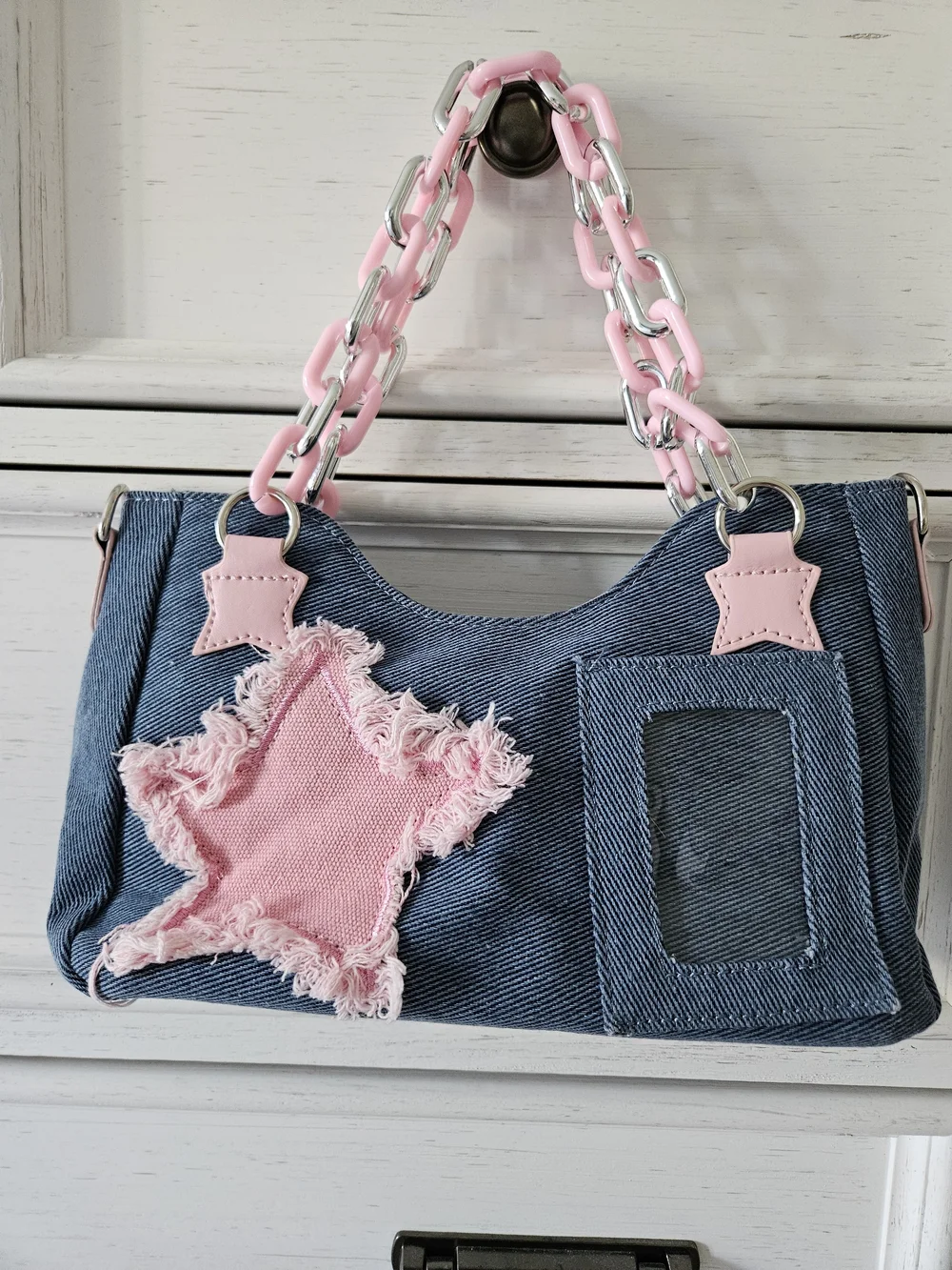 Source Unknown Blue Denim Shoulder Bag with Pink Accents
